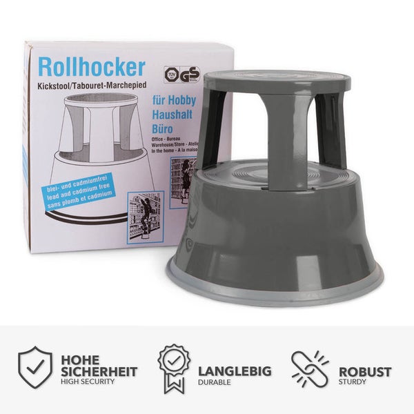 FLOORDIREKT Rollhocker - Elefantenfuß - aus Stahl - Mobiler Tritthocker - Sitzmöglichkeit für Büro und Gewerbe - Grau