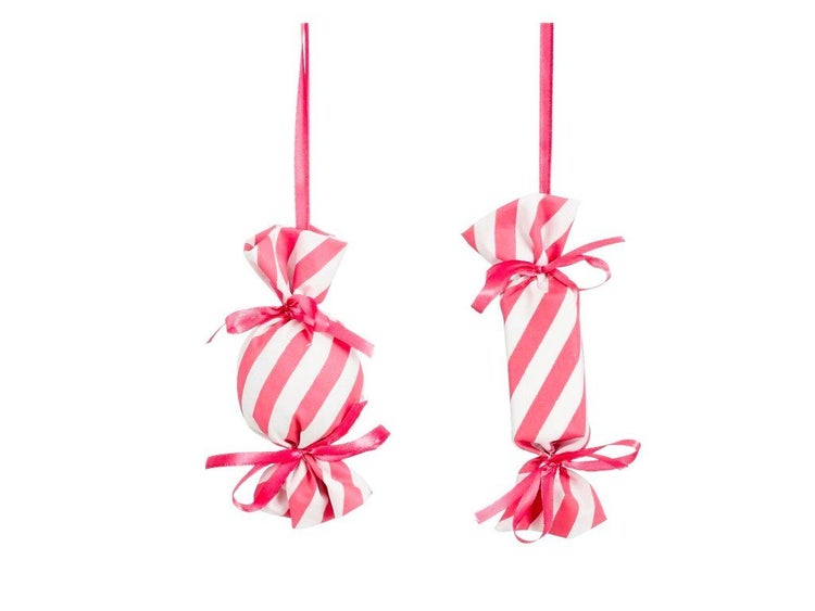 Zwei gestreifte Weihnachtsbaumhänger in Bonbonform mit Aufhängeband als dekorativer Weihnachtsschmuck