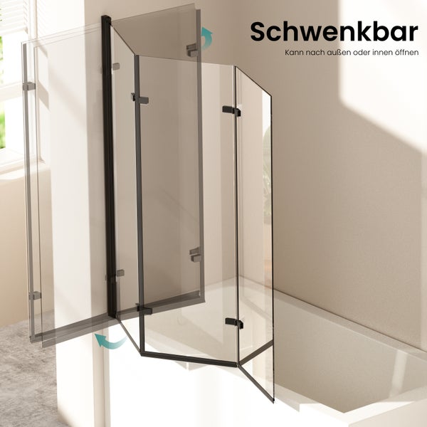 EMKE Badewannenaufsatz 3-teilig 130 x 140 cm Faltbare Duschwand für Badewanne, Mattschwarzer, 6 mm ESG Sicherheitsglas mit NANO-Beschichtung, klappbar, links oder rechts montierbar