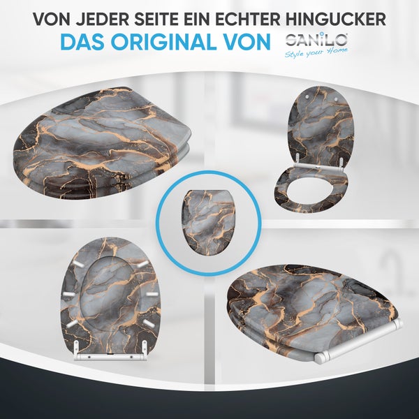 WC-Sitz mit Marmor-Optik in verschiedenen Ansichten und Sanilo Logo.