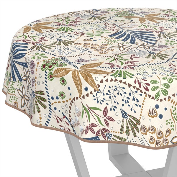 Runde Tischdecke mit buntem Blätter- und Blumenmuster für Garten- und Esstische.