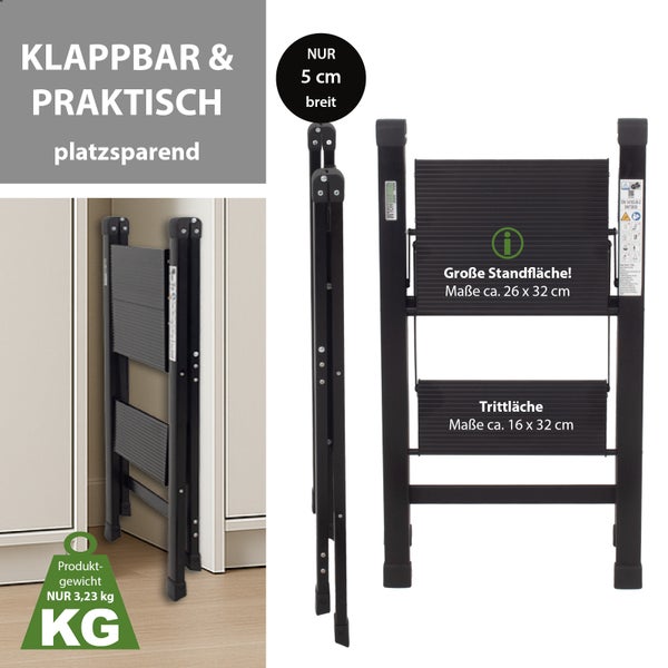 Zusammenklappbare Trittleiter mit zwei Stufen und Produktgewicht