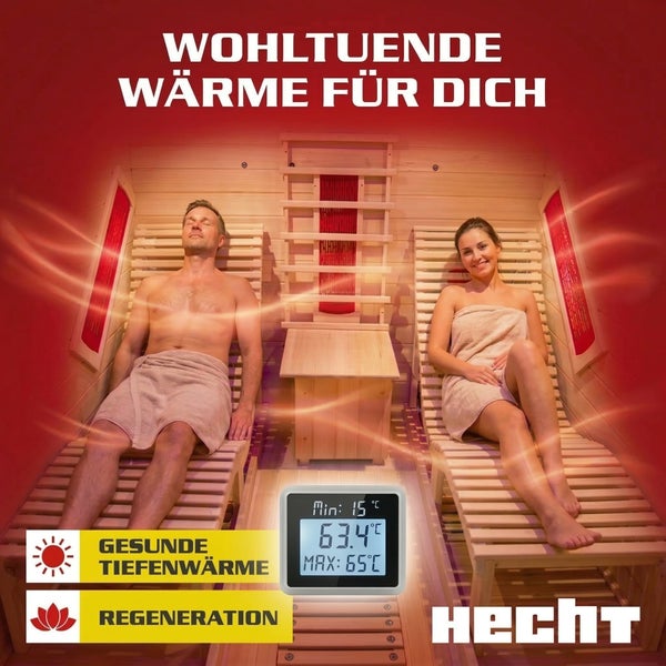 Infrarotkabine mit zwei Personen auf Holzliegen, Digitalanzeige zeigt 63,4 Grad, Symbole für Wärme und Regeneration, Hecht Logo.