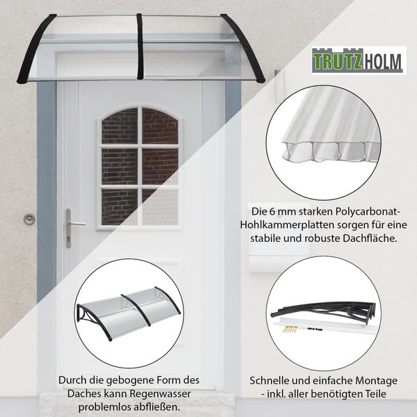 Trutzholm Vordach mit Polycarbonat Hohlkammerplatten für den Hauseingang, inklusive Montagematerial und Anleitung.