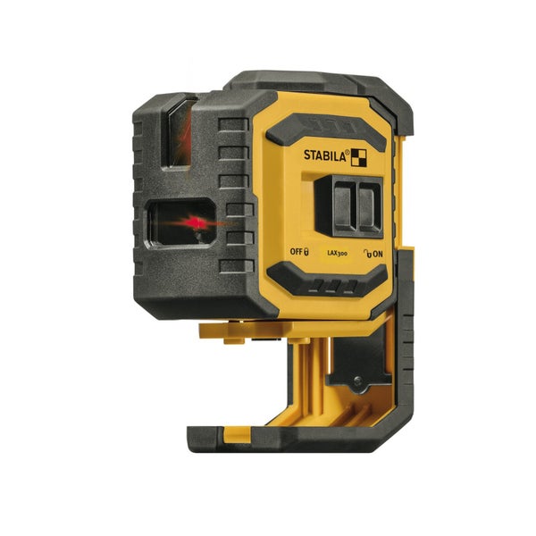 Gelber Stabila Kreuzlinien-Lot-Laser LAX 300 mit eingeschalteten Laserstrahlen und ausziehbarem Standfuß.
