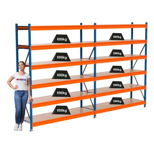 Regalsystem mit Stahlrahmen und Holzregalböden, Traglast 690 Kilogramm