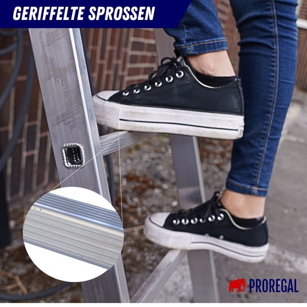 Person steigt auf eine Leiter mit geriffelten Sprossen. Proregal Logo.
