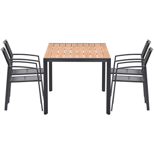 Gartenmöbel-Set mit einem quadratischen Tisch mit Holzlatten und vier anthrazitfarbenen Stühlen.