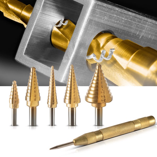 Stufenbohrer-Set mit fünf verschiedenen Größen und einem automatischen Körner für Metallarbeiten.