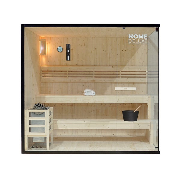 Moderne Heimsauna aus Holz mit Glastür Home Deluxe Logo Innenausstattung mit zwei Sitzbänken Saunaofen Thermometer und Hygrometer