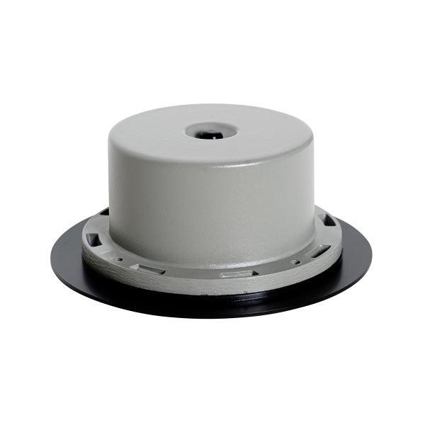 Graues rundes Einbaugehäuse aus Metall für Bodenleuchten mit schwarzer Montageplatte.