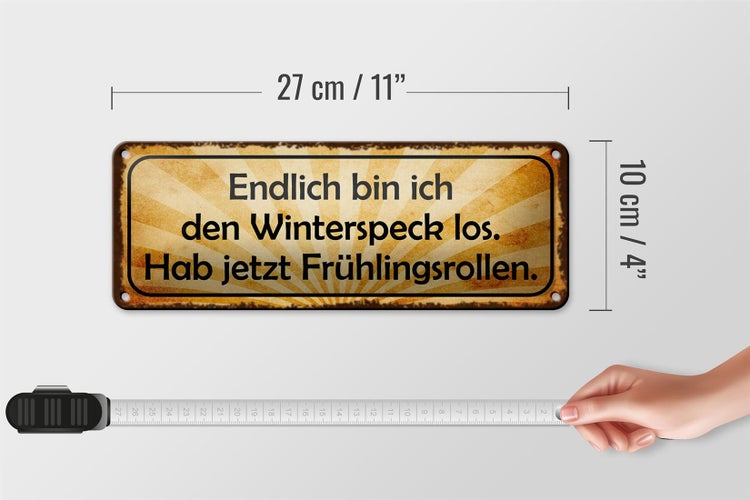 Blechschild Spruch 27x10cm bin den Winterspeck los hab jetzt Frühlingsrollen