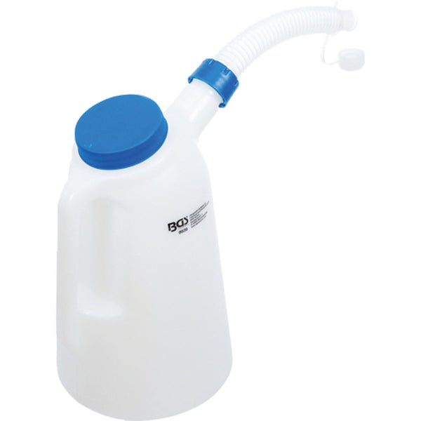 Ölmesskanne aus weißem Kunststoff mit blauem Deckel, Griff, flexiblem Auslauf und BGS Logo.