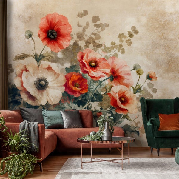 Fototapete Blumen Vintage Betonwand Beige Wohnzimmer Vlies Tapete 350x250 cm
