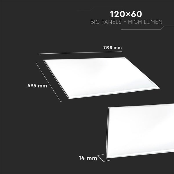 Abbildung eines LED Panel mit den Maßen 120 x 60 cm und einer Dicke von 14 mm.