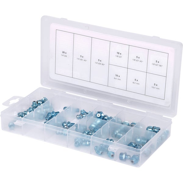Sortiment Schmiernippel in einer transparenten Kunststoffbox