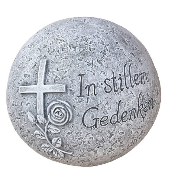 Runder Grabstein mit der Aufschrift In stillem Gedenken, verziert mit einem Kreuz und einer Rose in Steinoptik.