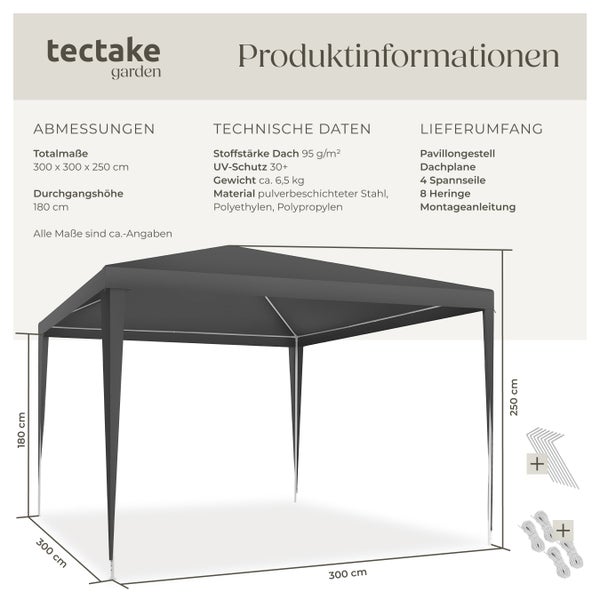 Pavillon tectake Farah wasserdicht 3 x 3 m grau