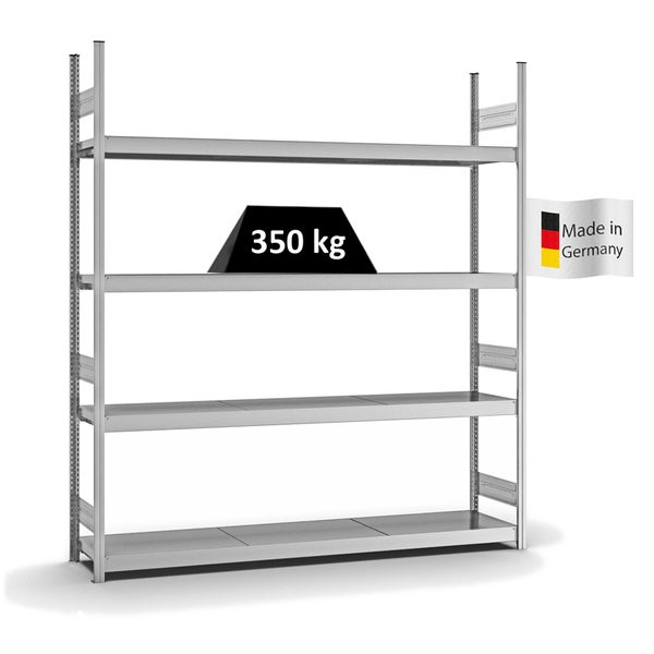 PROREGAL Weitspannregal Stecksystem T-Profil Grundregal HxBxT 250x225x40 cm 4 Ebenen Stahlplatten Fachboden Fachlast 350 kg Verzinkt