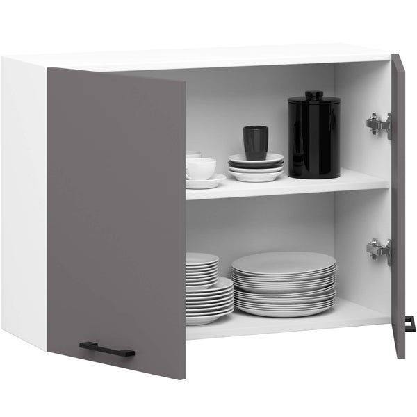 Wandschrank mit grauer Tür und Geschirr