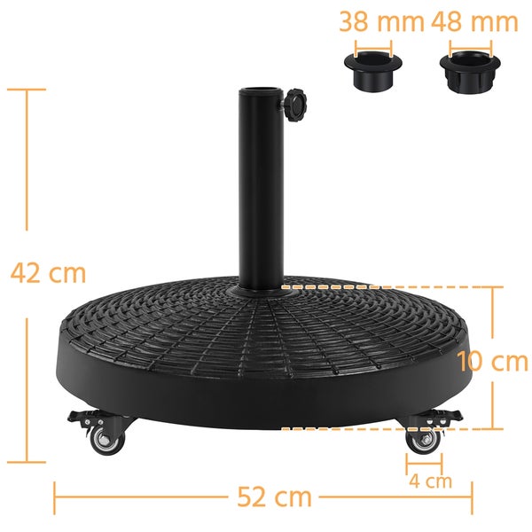 Schirmständer mit Rollen und Maßangaben