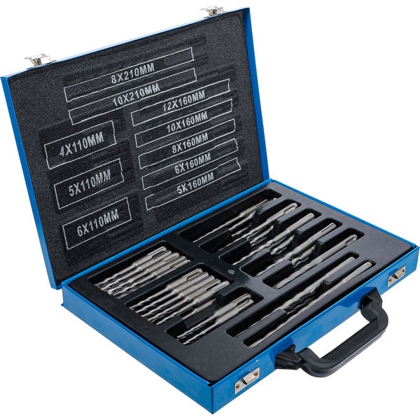 Bohrhammer-Bohrersatz in einem blauen Metallkoffer mit verschiedenen Größen.