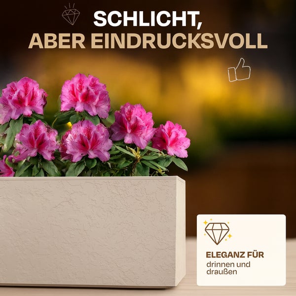 Rechteckiger Pflanzkasten mit rosa blühenden Blumen für den Innenbereich und Außenbereich.