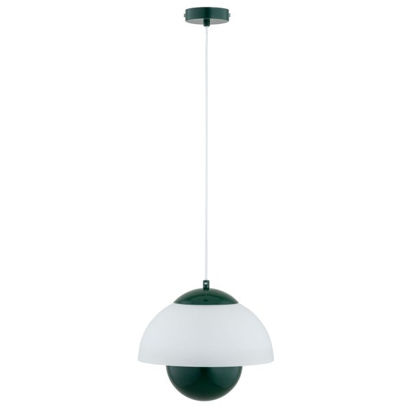 Moderne Hängeleuchte mit kuppelförmigem Schirm aus Metall und Glas für eine gleichmäßige Beleuchtung des Wohnbereichs.