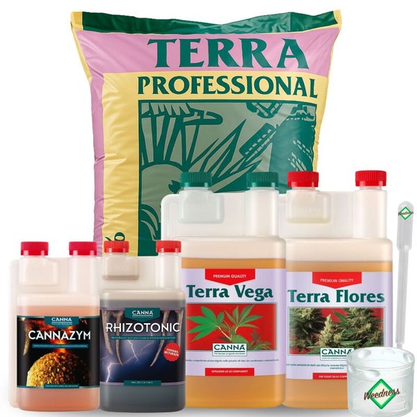 CANNA Terra Professional Set bestehend aus Blumenerde, Terra Vega, Terra Flores, Cannazym, Rhizotonic, Messbecher und Pipette.