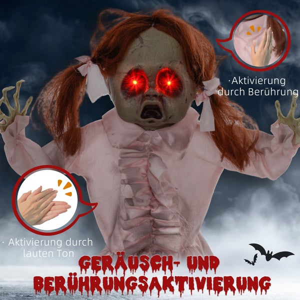 HOMCOM 76cm Halloween Dekoration Geisterpuppe mit LED-Lichter, Soundfunktion, Haustür Deko mit verstellbare Arme, Garten Dekofigur in Lebensgröße für Party