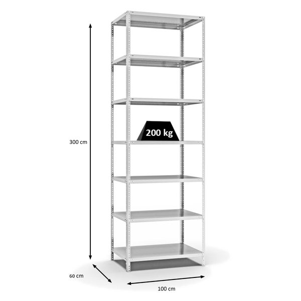 PROREGAL Fachbodenregal Schraubsystem Medium-Duty Grundregal HxBxT 300 x 100 x 60 cm 7 Ebenen Fachlast 200 kg Beidseitig Nutzbar Lichtgrau