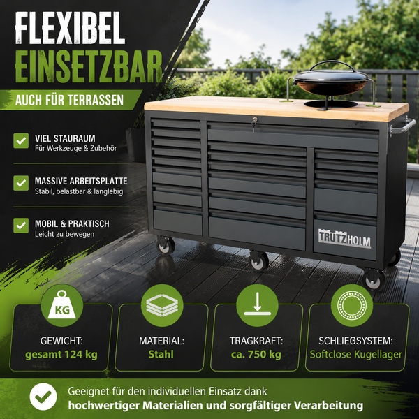 Trutzholm Werkstattwagen aus Stahl mit Holz-Arbeitsplatte, Rollen und Grill auf einer Terrasse. Tragkraft circa 750 Kilogramm. Trutzholm Logo.