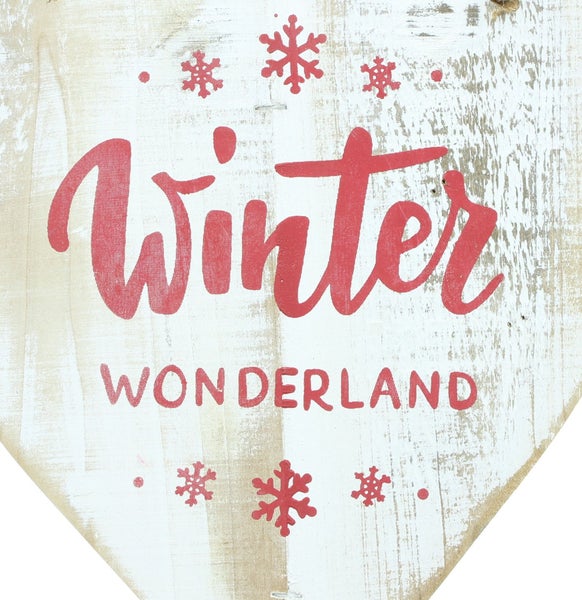 Dekoratives Holzschild mit der Aufschrift Winter Wonderland und Schneeflockenmotiv