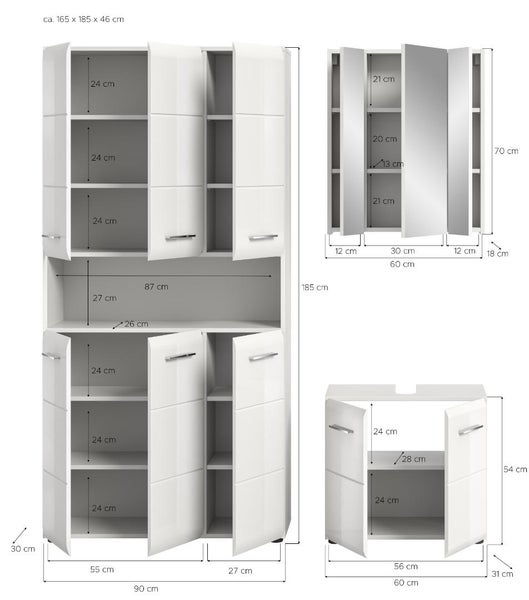 Maßskizze eines Badezimmermöbel-Sets mit Hochschrank, Spiegelschrank und Waschbeckenunterschrank. Alle Maße sind in Zentimetern angegeben.