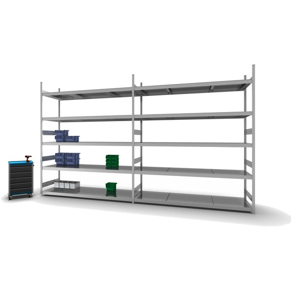 PROREGAL Weitspannregal Stecksystem T-Profil Grundregal HxBxT 300x250x80 cm 5 Ebenen Stahlplatten Fachboden Fachlast 350 kg Verzinkt