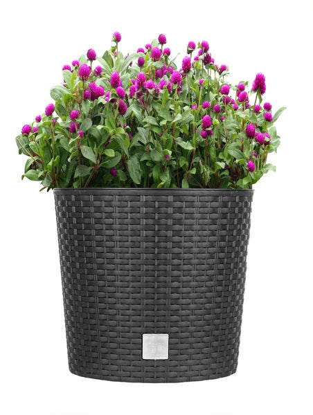 BigDean RUND Blumentopf 25cm - Rattan-Optik - Anthrazit - Pflanzkübel mit Einsatz - Rattan-Blumentopf Pflanztopf rund - In / Outdoor - Höhe 27 cm