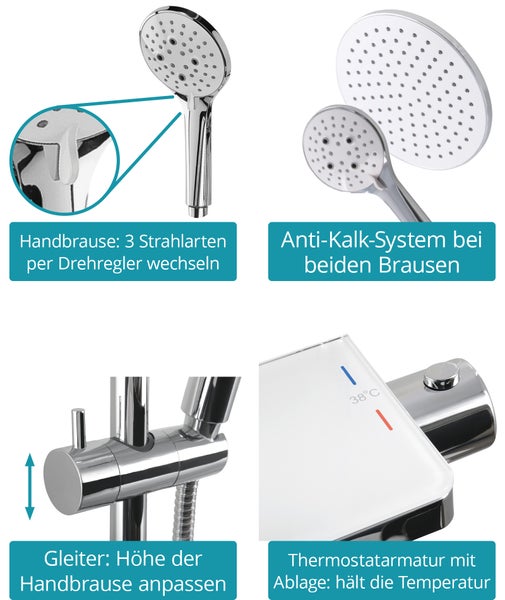Calmwaters® Duschsystem Chrom, mit Thermostat-Armatur, 3-strahlige Handbrause, integrierte Ablage, Anti-Kalk, höhenverstellbar, Kleben oder Bohren, 20DP6174