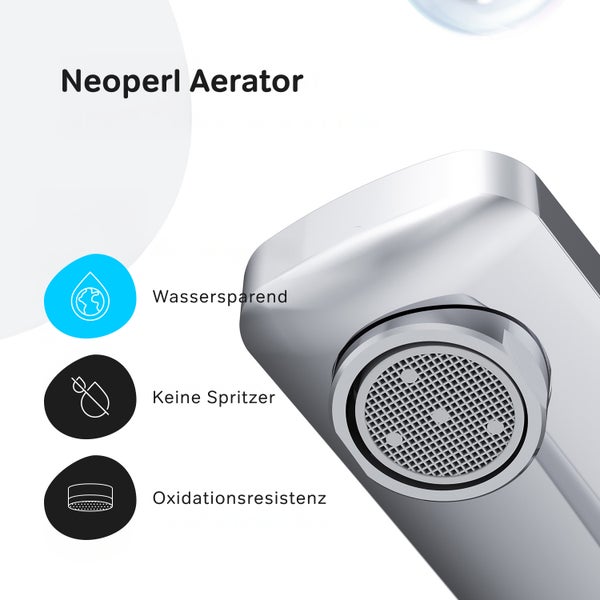Neoperl Strahlregler für Wasserhahn mit Symbolen für Wassersparen, Spritzschutz und Oxidationsbeständigkeit