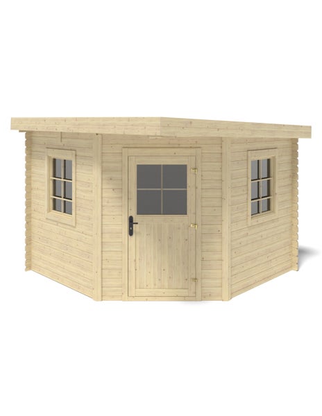Eckgartenhaus aus Holz mit Pultdach und zwei Fenstern, ideal als Gartenhaus oder Gerätehaus nutzbar.