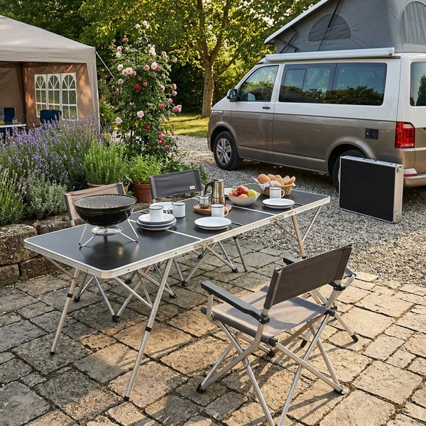 Klappbarer Campingtisch und Campingstühle mit Armlehnen auf einer Terrasse neben einem Camper, gedeckt mit Geschirr und einem Tischgrill.