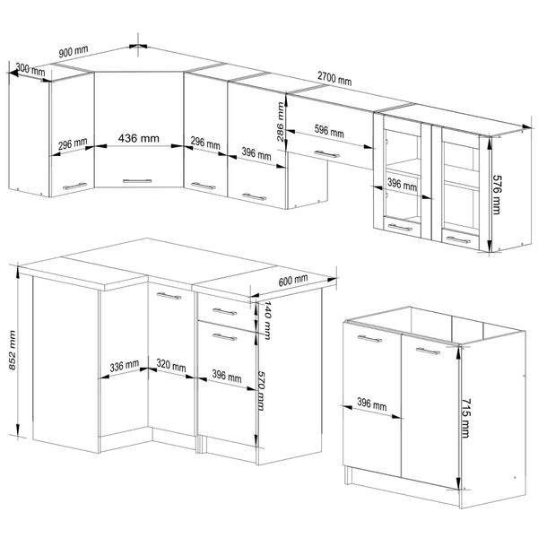 Skizze einer Küchenzeile mit Maßangaben
