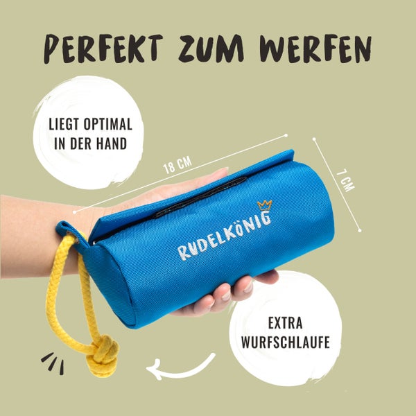 Blaues Hundespielzeug mit Wurfschlaufe und Rudelkönig Logo