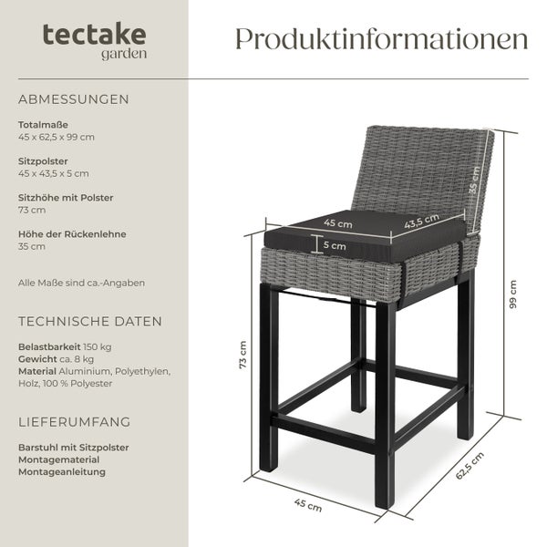 Rattan Barstuhl tectake Latina inklusive Sitzpolster, 45 x 62,5 x 99 cm mit Aluminiumgestell grau