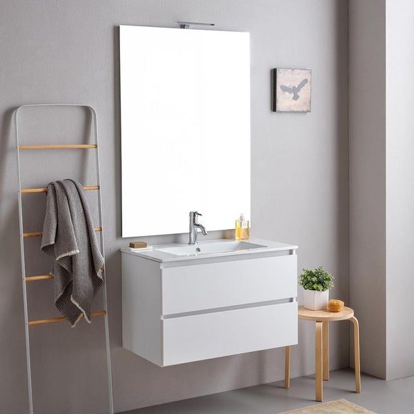 Modernes Badmöbel-Set mit weißem Unterschrank, zwei Schubladen, Keramikwaschbecken, großem Spiegel und Handtuchleiter aus Holz.