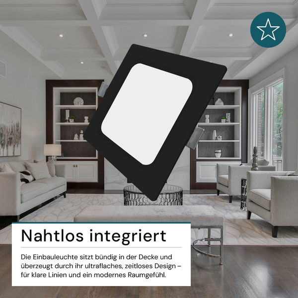 Quadratische Einbauleuchte in einem modern eingerichteten Wohnzimmer