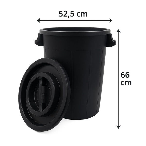 Kunststoff-Mülltonne mit Deckel, Maße 52,5 Zentimeter Breite und 66 Zentimeter Höhe.
