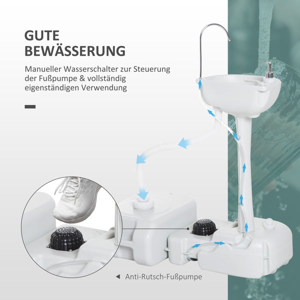 Mobiles Handwaschbecken mit Wassertank, Armatur und Anti-Rutsch-Fußpumpe für Garten und Camping.