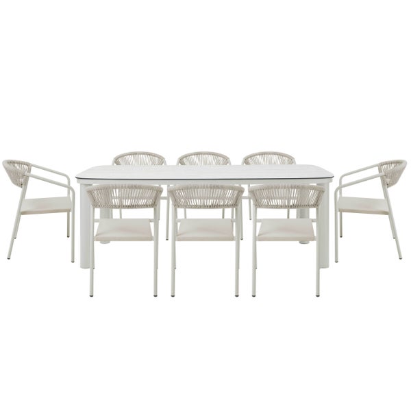 Moderne Garten-Essgruppe in Weiß bestehend aus einem großen rechteckigen Tisch und acht Stühlen mit Seilbespannung.