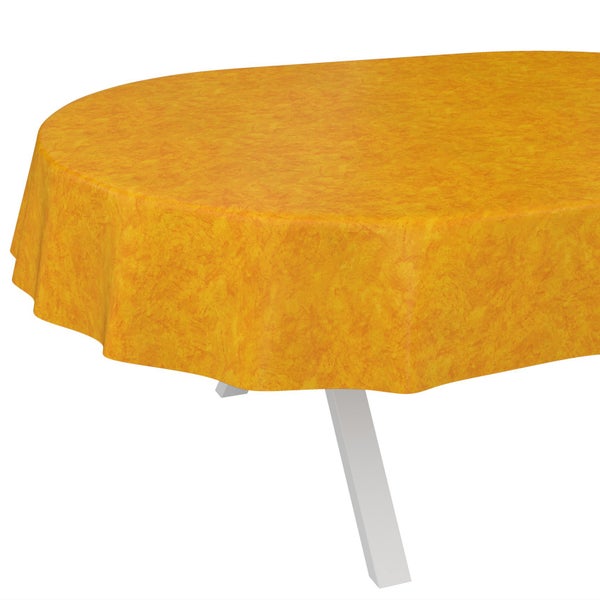 Ovale Wachstuch-Tischdecke mit Marmor-Muster in Gelb und Orange.