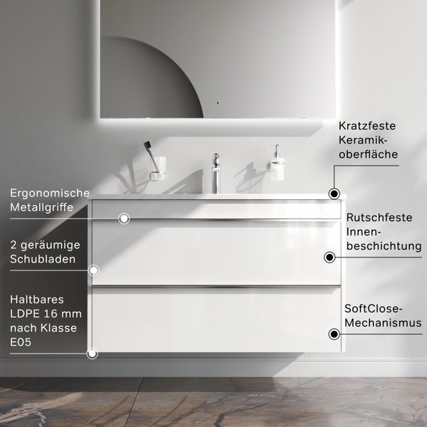 Waschtischunterschrank mit zwei Schubladen, kratzfester Keramikoberfläche, rutschfester Innenbeschichtung und Softclose Mechanismus